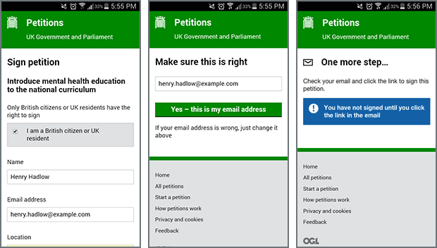 Petitions email confirmation pattern