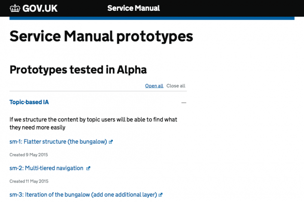 Screenshot of Service manual prototypes page