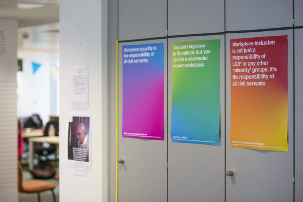 3 Pride 2016 posters in the office featuring quotes from Civil Service Rainbow Alliance blog. 