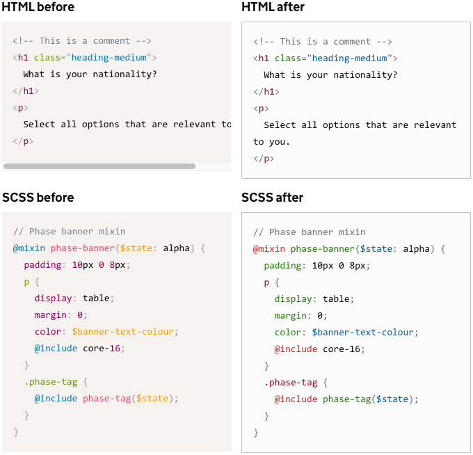 Screenshots of blocks of code before and after the new colour scheme has been applied.