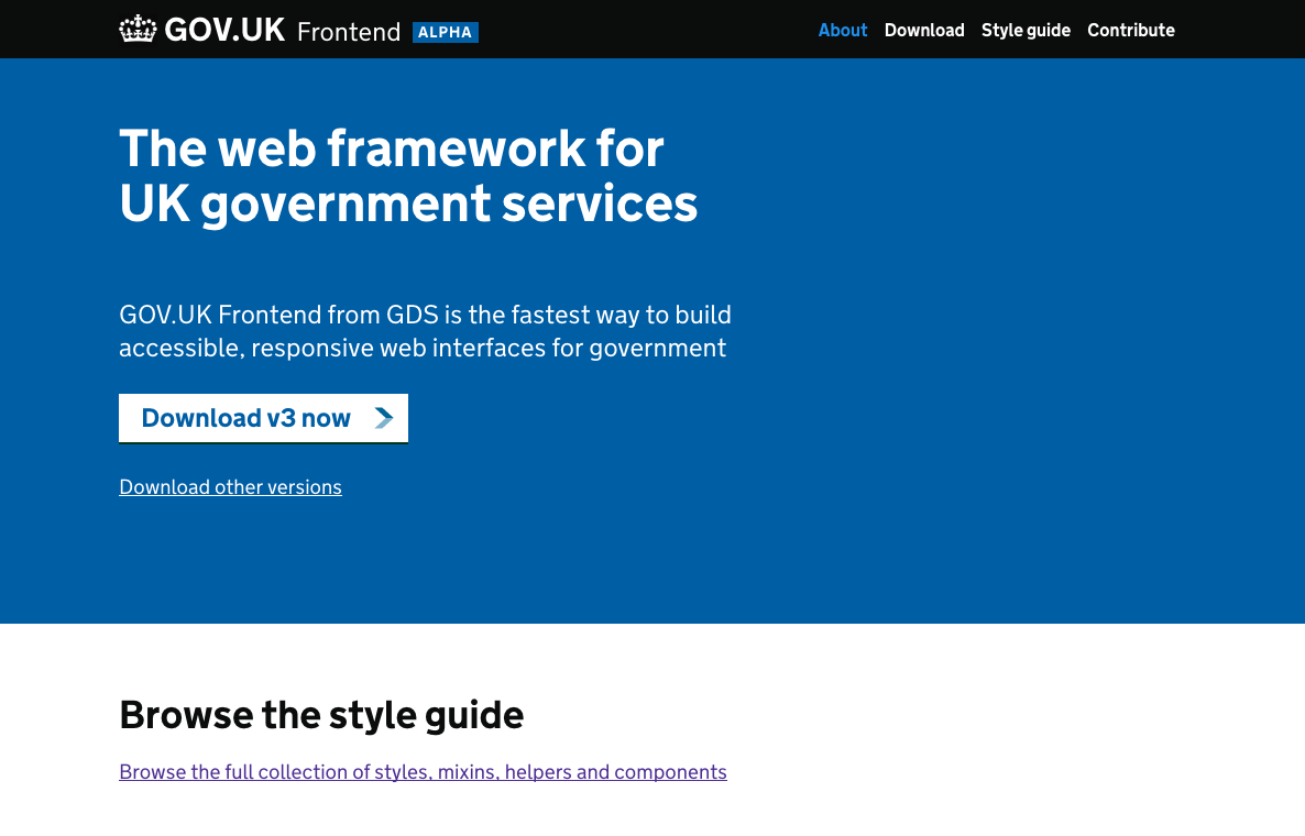 An early prototype of the GOV.UK Frontend site