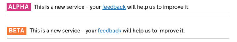 Screenshot of the previous alpha and beta banners. The alpha banner has a pink background and the beta banner has an orange background.