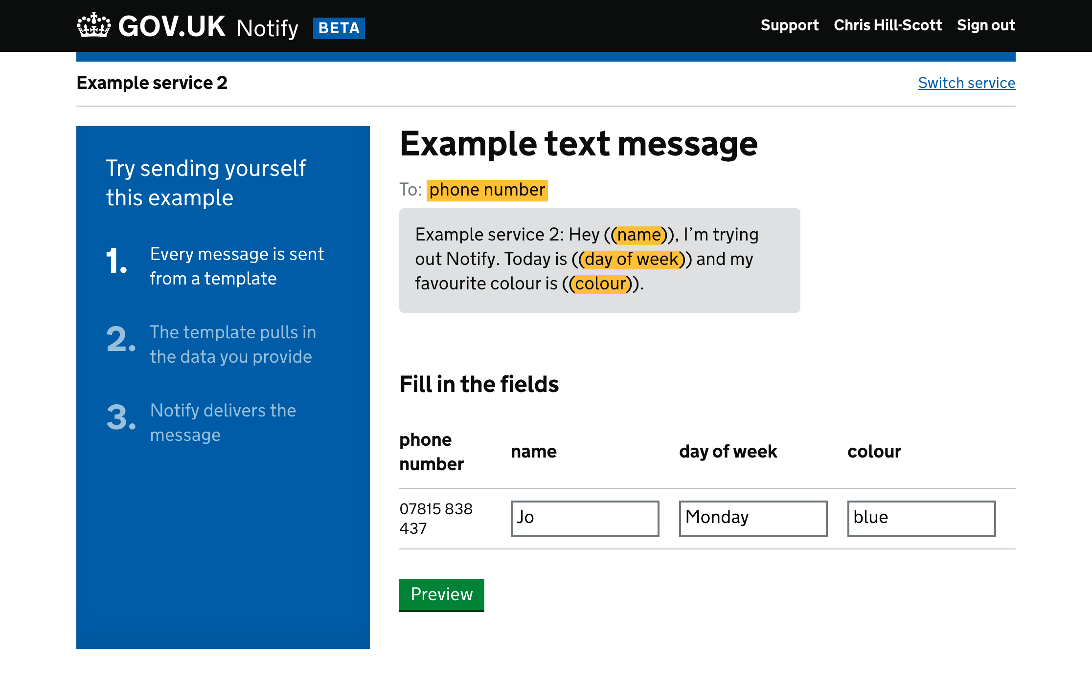Image from GOV.UK Notify showing civil servants how to format data