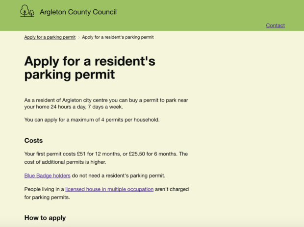 A fictional local council webpage for applying for parking permits