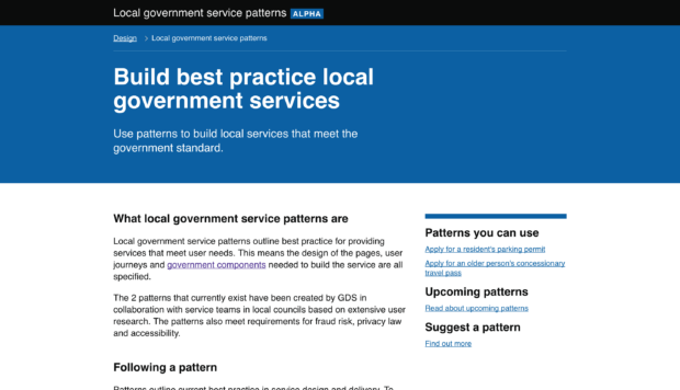 A picture of the webpage for local service patterns. The page outlines best practice for local government