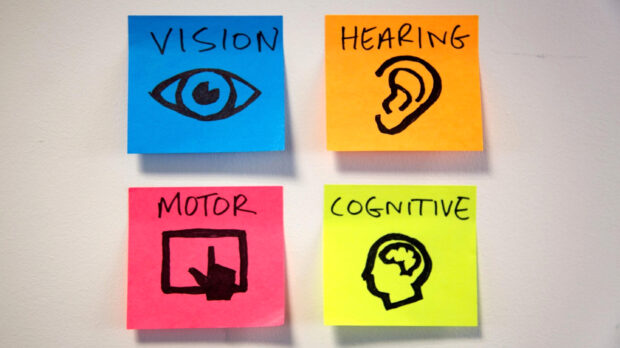 Image showing post-it drawings of the 4 of the main access need areas of vision, hearing, motor and cognitive