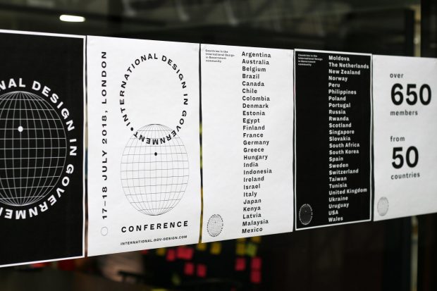 A series of posters for the International Design in Government Conference, listing the 50 countries that are members of the International Design in Government community