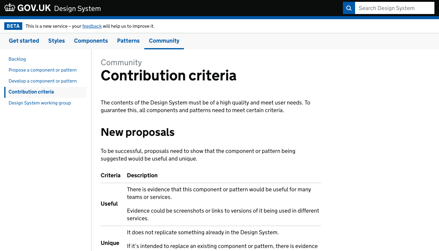 A screenshot of the contribution criteria page on the Design System