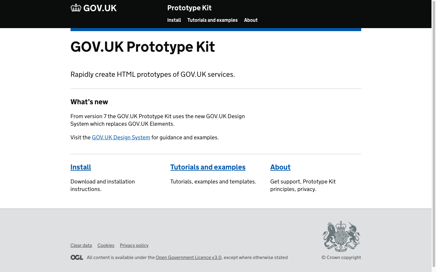 A screenshot showing the prototype kit front page