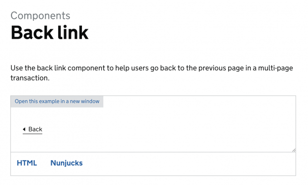 A screenshot of the 'back link' component, which features the text: 'use the back link component to help users go back to the previous page in a multi-page transaction