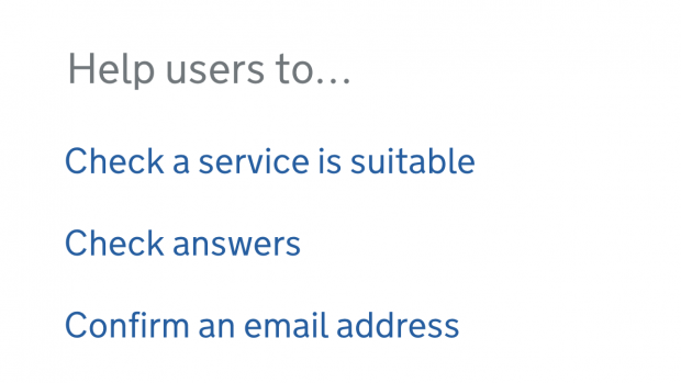 A series of pattern titles: Help users to… check a service is suitable, check answers and confirm an email address