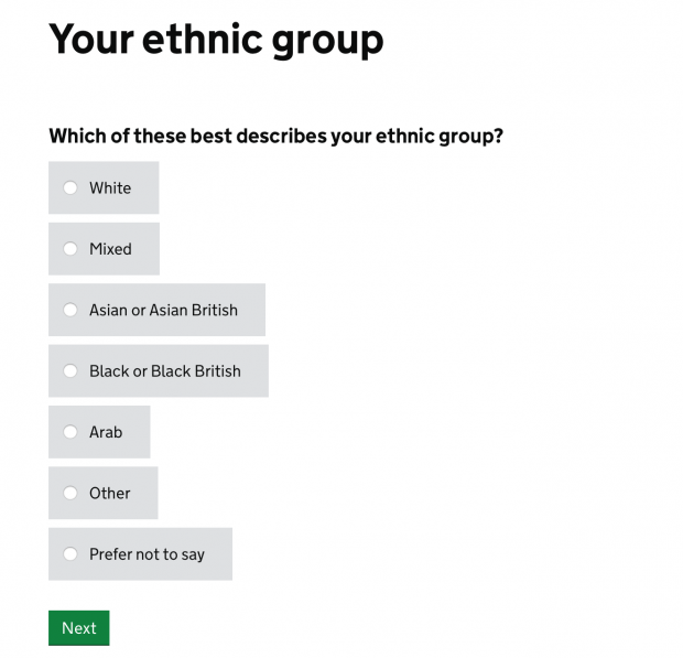 A screengrab of the Universal Credit service asking 'Your ethnic group". The question is: Which of these best describes your ethnic group? The choices are: White, Mixed, Asian or Asian British, Black or Black British, Arab, Other, Prefer not to say