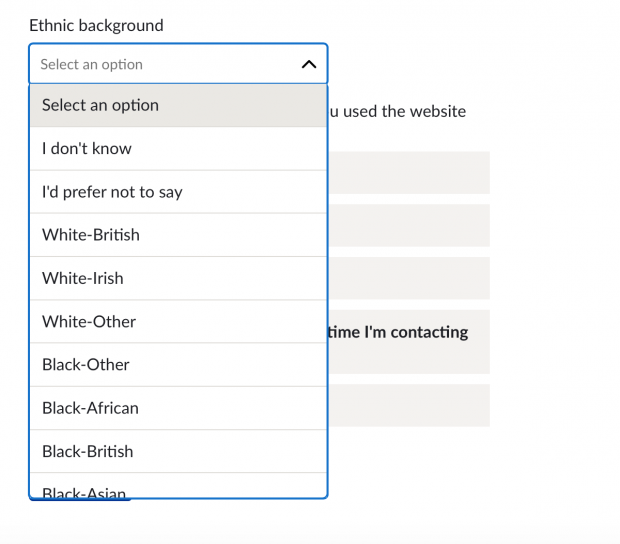 A screen grab from the Report a Crime service. A dropdown called Ethnic background is open giving the options: I don't know, I'd prefer not to say, White-British, White-Irish, White-Other, Black-Other, Black-African, Black-British, Black-Asian