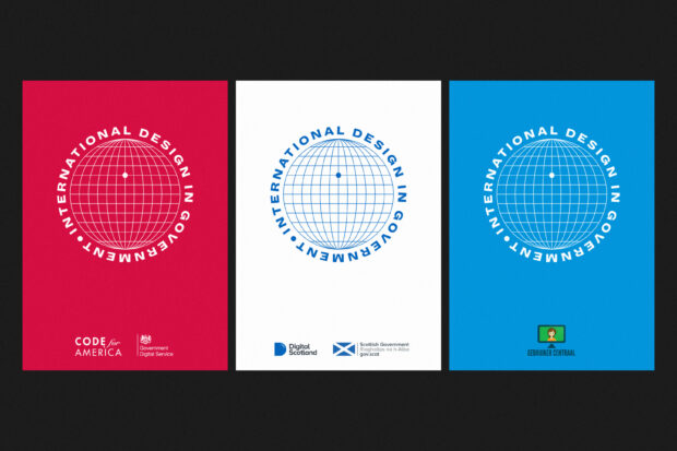 Three posters promoting each location of the International Design in Government Conference. They are almost identical, featuring the conference logo which is a sphere with the words 'International Design in Government" around the circumference, but the backgrounds are different colours - red, white and blue - and feature the logo or name of the organisation running the event