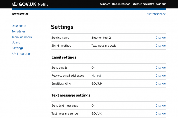  Screenshot of the settings section on GOV.UK Notify.
