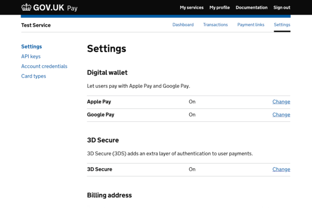 Screenshot of the settings section on GOV.UK Pay.