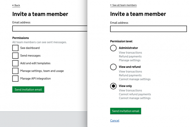 Two admin tool screenshots of issuing permission levels to new team members. On the left is a screenshot of GOV.UK Notify, on the right is a screenshot of GOV.UK Pay.