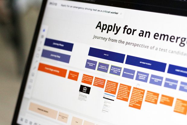 Detail of a service map for the ‘Apply for an emergency driving test if you’re a key worker’ service shown on a computer screen, various boxes with text are shown in sequence