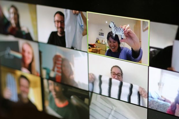 Several people in a video conference call from their homes – all smiling and showing stripy objects into the camera including a striped sock, kitchen towel, wooden zebra.