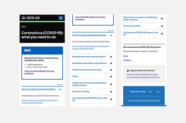 Screenshots of a previous version of the GOV.UK Coronavirus page with its many sections and topics listed