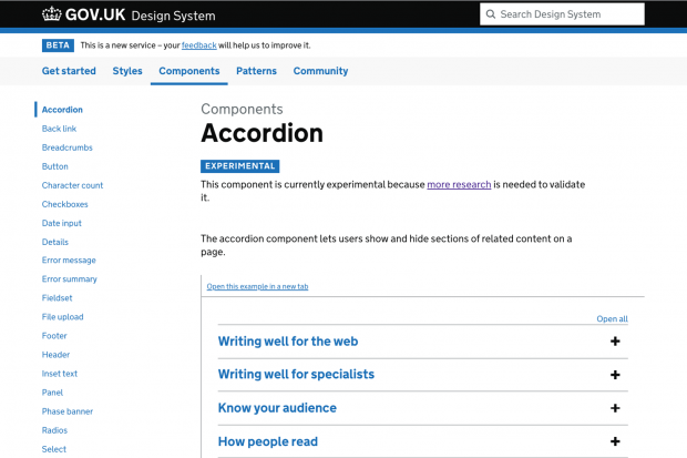 Screenshot of the accordion pattern documented on the GOV.UK Design System