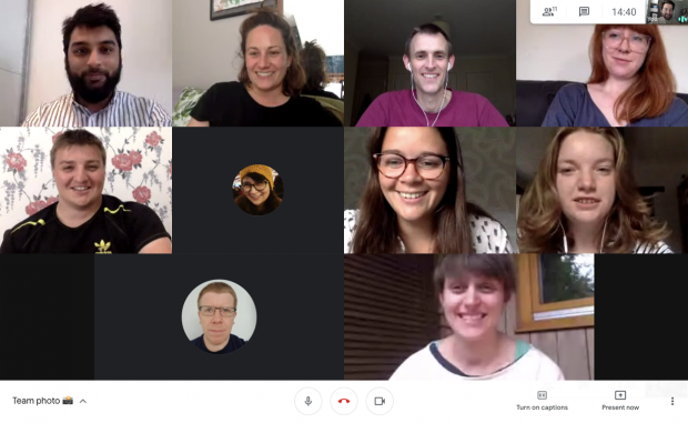 Screenshot of a video call showing eleven members of the team that built the Coronavirus landing page