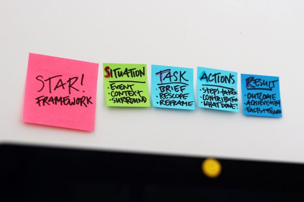 Photograph of 5 sticky notes on a wall saying: STAR framework – situation, task, actions, result