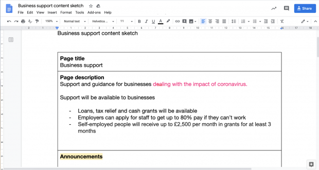 Screenshot of the Business support content sketch