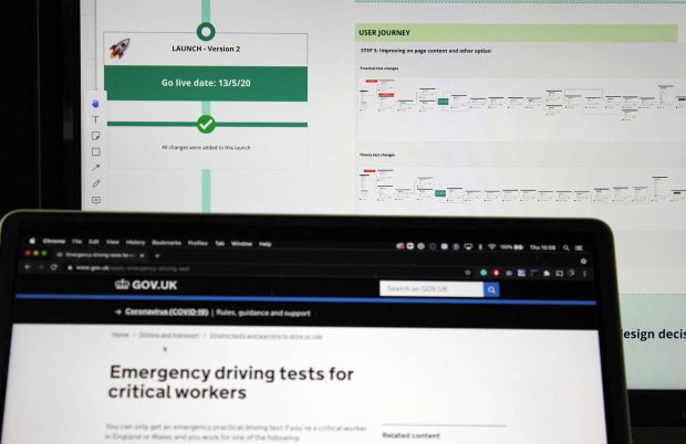 Two screen behind each other: One showing the user journey of the emergency driving test for critical workers and the other one the start page of the service on GOV.UK