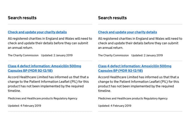 Before and after screenshots of the link styles on a search results page