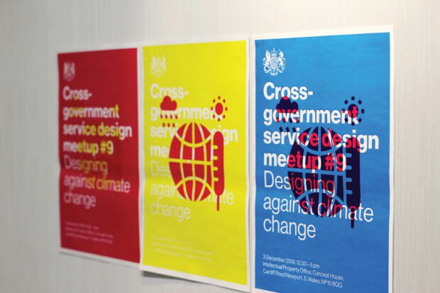 3 colourful posters from a cross-government service design meetup on designing against climate change in Newport from 3 December 2019 depicting an symbolised graphic of the globe with a thermometer, a rain cloud and the sun