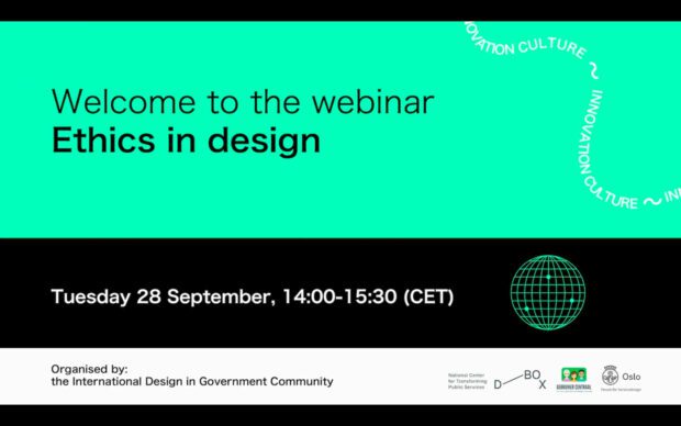 Welcome screen from an international design in government community webinar on ethics in design from 28 September 2021