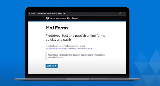 The start page of MoJ forms on a laptop