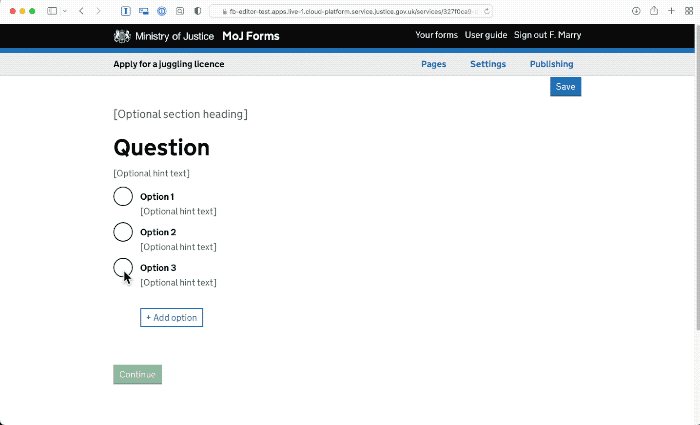 Screen recording showing using a Modal Dialogue in MoJ Form