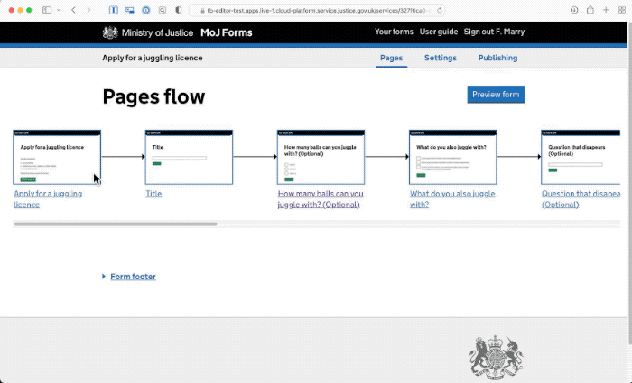 Screen recording showing picking a page template using menus in Moj Forms