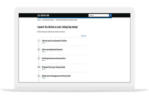 A screenshot of the GOV.UK learn to drive a car step by step