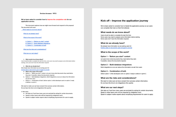 A screenshot of 2 documents side by side. On the left is a document with lots of links, red text, and poor structure. On the rights is an image with clear headings and a structure which is easier to skim. 