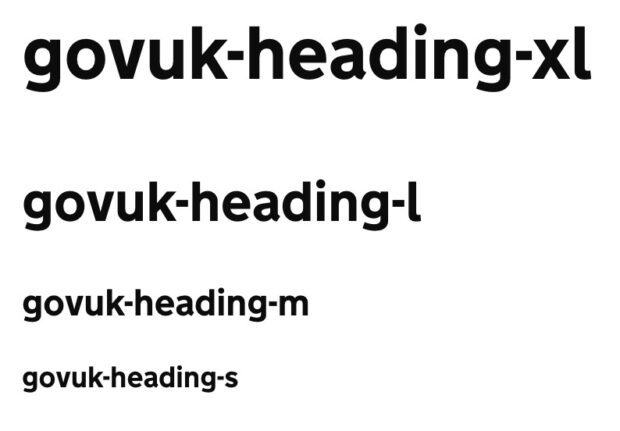 Four headings demonstrating the GOV.UK Frontend typography classes, descending in size from govuk-heading-xl to govuk-heading-s