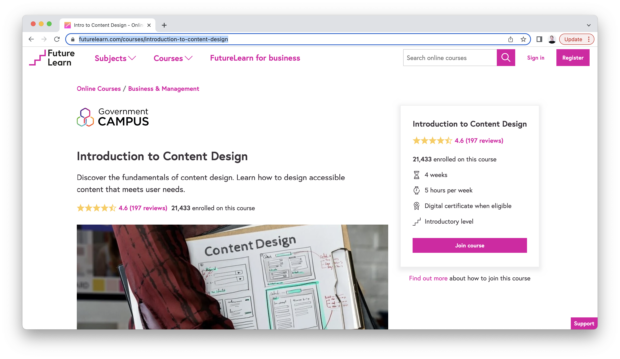 Landing page for the Introduction to Content Design course on FutureLearn. On the page there is information about the course and a button to register for the course.