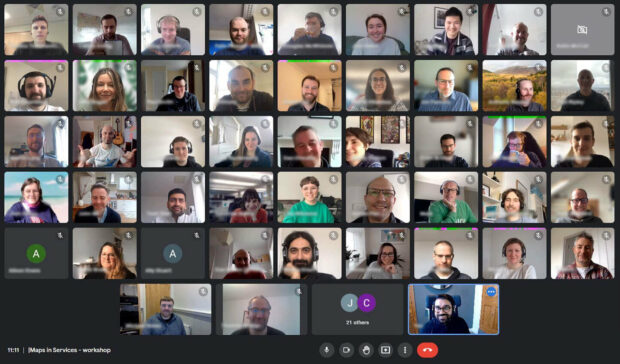 A conference call we hosted as part of the cross-government maps collaboration. The images shows a Google Meet screen with about 40 people in gallery view.