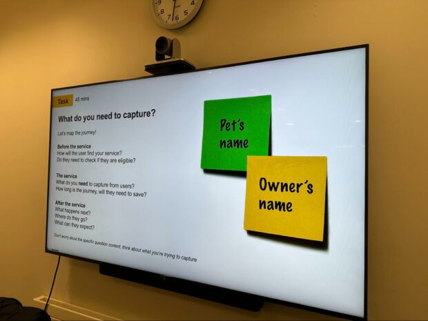Slides on a big screen, the slide explains the 'designing the questions' task.