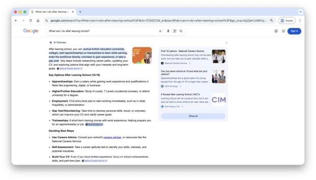 Screenshot of the AI Overview when searching for "What can I do after leaving school?". The response includes info on key options and deciding next steps, as well as links to the National Careers Service.